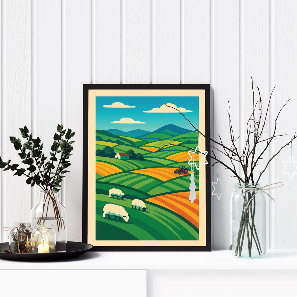 Spring Fields with Sheep & Tractor – Scottish Poster