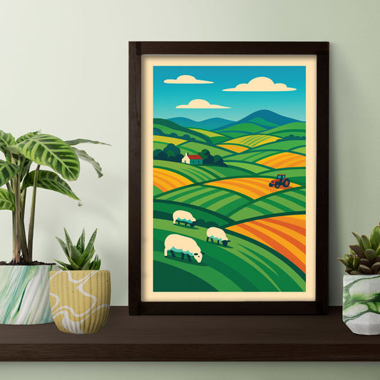 Spring Fields with Sheep & Tractor – Scottish Poster