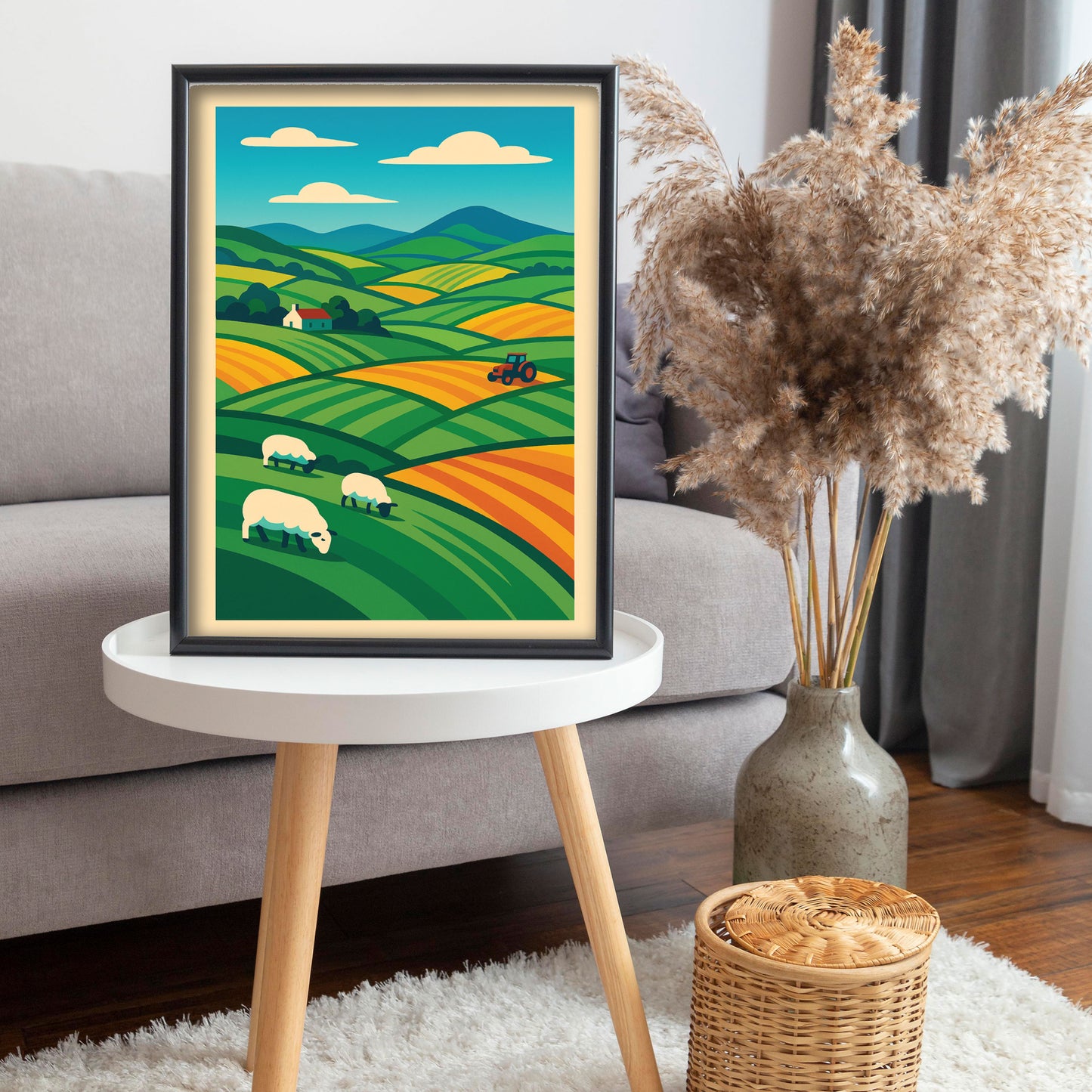 Spring Fields with Sheep & Tractor – Scottish Poster