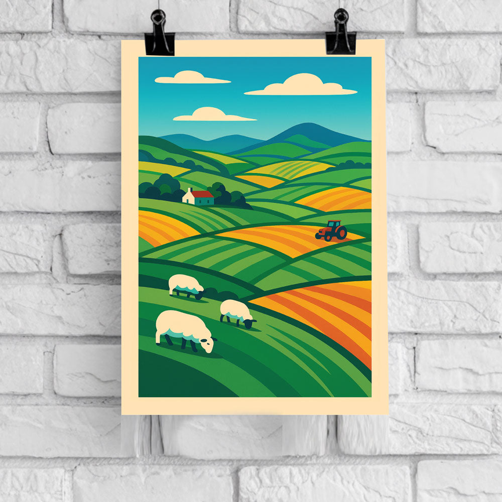 Spring Fields with Sheep & Tractor – Scottish Poster